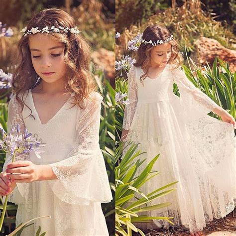 2017 White Lace Princess Communion Dresses For Girls Sheer Long Sleeves