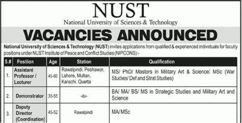 national university of sciences and technology nust jobs 2019