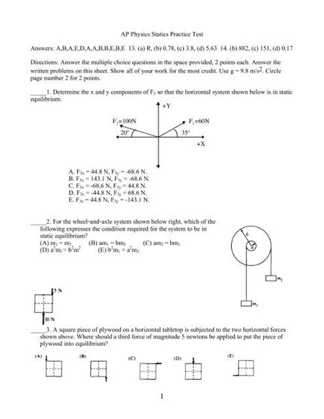 1 Ap Physics Statics Practice Test Answers Abaedaabbebe