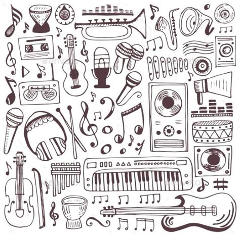 Musical Instruments And Music Symbols In Black And White
