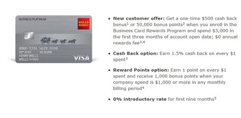 Card, wells fargo business credit card, wells fargo commercial card or from the card that is linked to a line of credit; Wells Fargo Business Platinum Credit Card $500 Bonus + $1.50% Cash Back + No Annual Fee