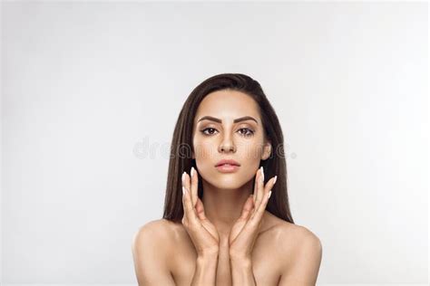 Beautiful Young Woman With Clean Fresh Skin Touch Own Face Girl Holding And Apply Moisturizing