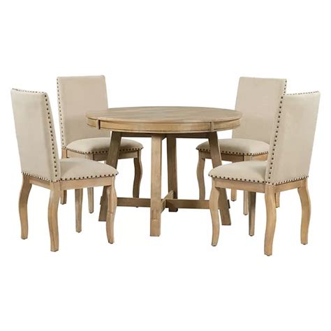 Merax 5 Piece Farmhouse Dining Table Set Wood Round Extendable Dining Table And 4 Upholstered Dining