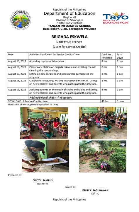 Brigada Eskwela Narrative Report Department Of Education Region Xii Division Of