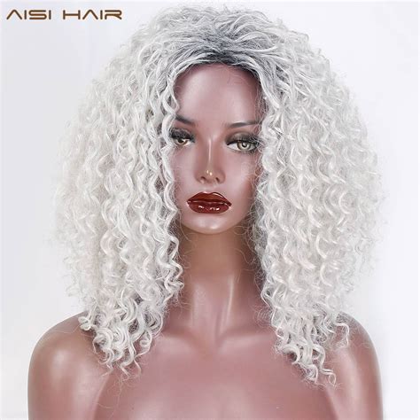 Aisi Hair 16 Inch Ombre Grey White Afro Kinky Curly Women Wigs Fluffy