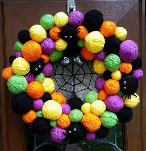 Multi Color Halloween Yarn Ball Wreath With Spider By Artsieani