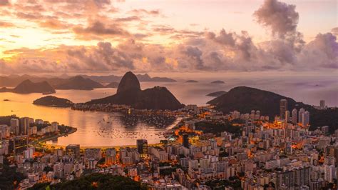 City Cityscape Rio De Janeiro Brazil Clouds Hill Sea Sunset