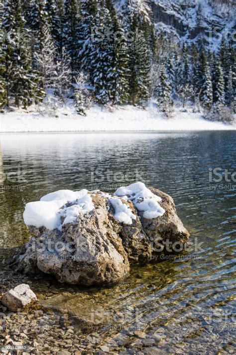 Beautiful Winter Snowy Scenery Reflection On Lake Lago Del Predil With