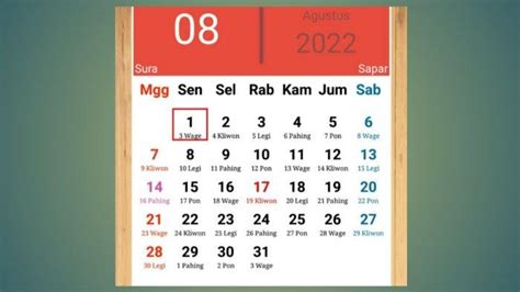 Kalender Jawa Hari Ini Bulan Agustus 2022 Tanggal 1 Senin Wage