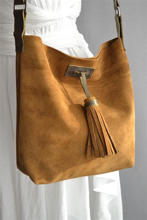 Leather Tote Caramel Brown Suede Tote Suede Bag Leather Etsy In 2022