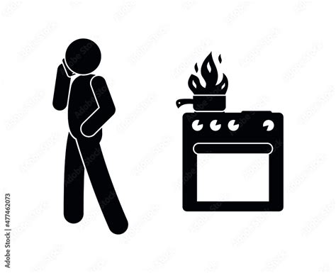 Illustration Of A Fire In The Kitchen Stick Figure Man Icon Fire