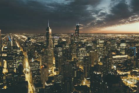 Aerial View Of City Buildings During Night Time Photo Free Chicago