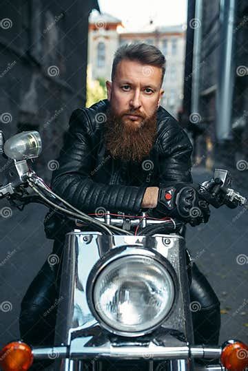 Bearded Biker On Classical Chopper Front View Stock Image Image Of