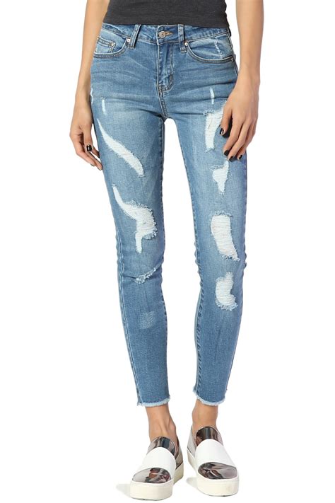 Themogan Women S Distressed Ripped Stretch Mid Rise Med Blue Crop Skinny Jeans Walmart Com