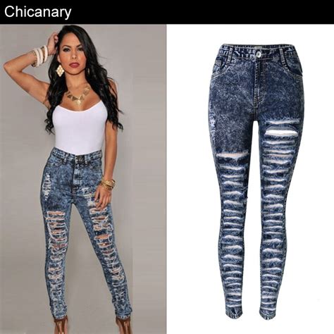 Chicanry New Summer Autumn Womens High Waist Ripped Jeans
