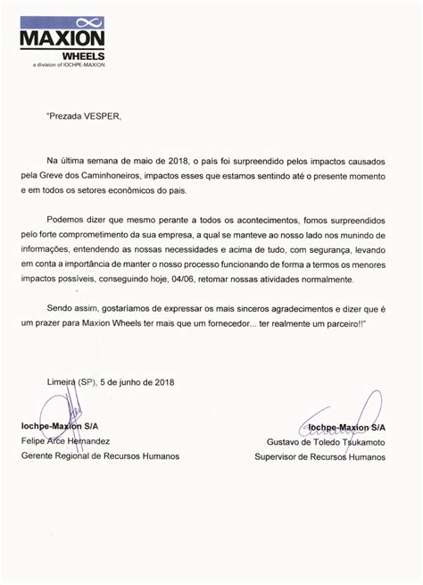 Carta De Agradecimento Vesper Transportes Ltda