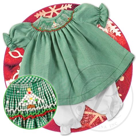 Snowy Christmas Tree Green Tiny Gingham Smocked Doll Dress 13h 4822dd