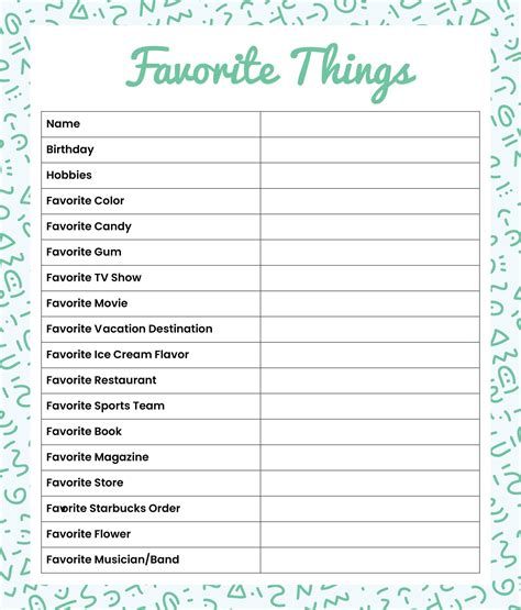 Printable My Favorite Things Worksheet