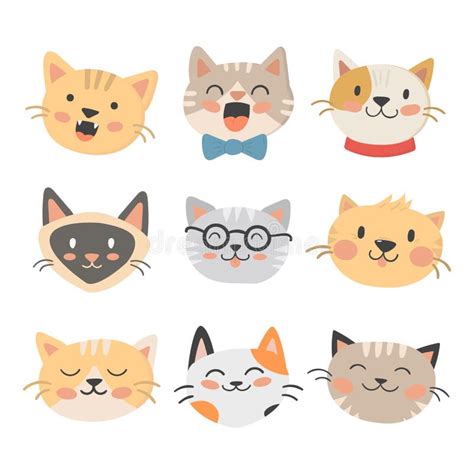 Cats Heads Vector Illustration Cute Animal Funny Decorative Characters