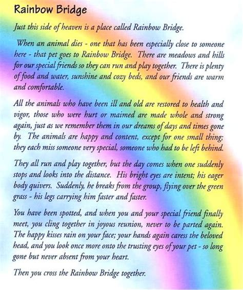 Ideas on how printable rainbow bridge rainbow poems for kids pdf | free pdf ebook advice on pet loss and euthanasia; rainbow bridge pet poem printable - Google Search | Rainbow bridge poem, Rainbow bridge, Pet poems