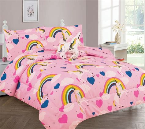 Full Unicorn Rainbow Girls Bedding Set Beautiful Microfiber Comforter With Furry Friend And