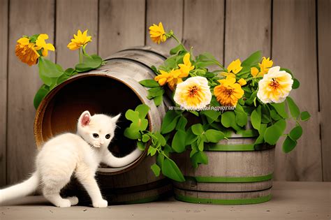 Cute Baby Kittens With Flowers In Barrel · Creative Fabrica