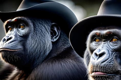 Premium Photo Two Gorillas Wearing Hats One Wearing A Top Hat And