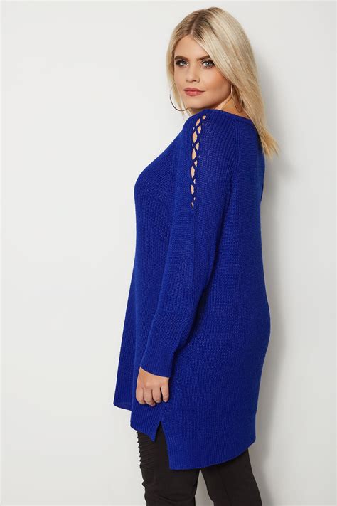 Cobalt Blue Knitted Jumper With Lattice Shoulders Plus Size 16 To 36