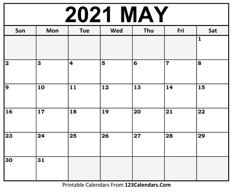 Printable May 2021 Calendar Templates