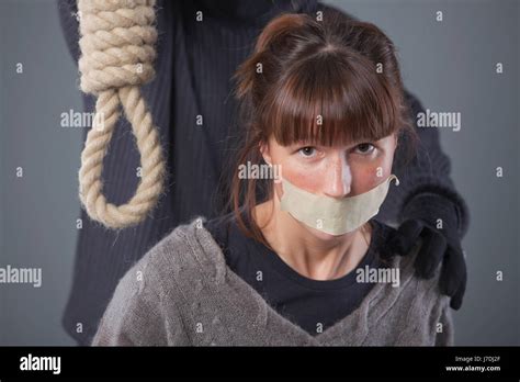 Miedo Mujer Víctima De Tortura Verdugo Rehén Mujer Peligro Miedo La