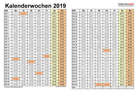 Kalenderwochen 2019 Mit Vorlagen Für Excel Word And Pdf