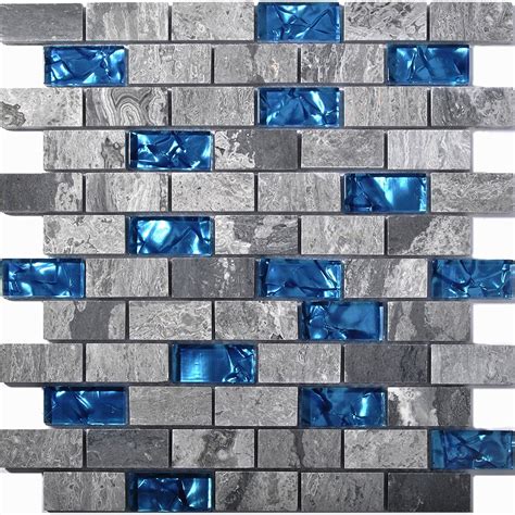 Ocean Blue Glass Mosaic Grey Marble 1 X 2 Subway Wall Tiles