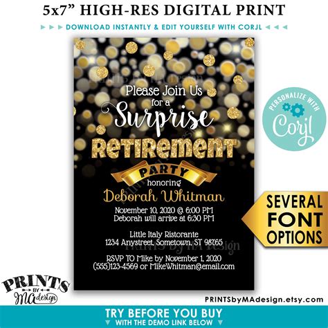 Surprise Retirement Party Invitation Black And Gold Glitter Invite