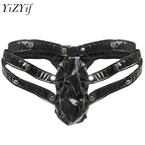Yizyif Sexy Jockstrap Gay Mens Patent Leather G String Wet Look Metal