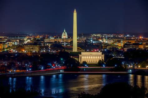 Aerial View Of The Washington Dc At Night Stock Photo Download Image