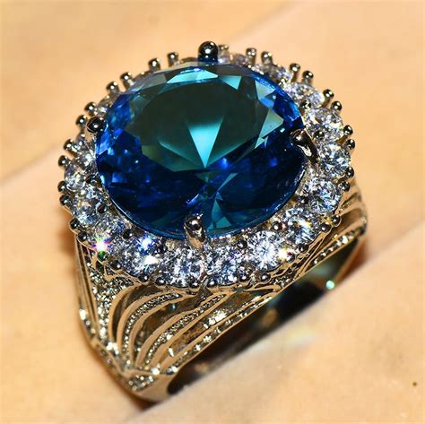 Luxury Female Big Blue Stone Ring Vintage 925 Silver Wedding Rings For