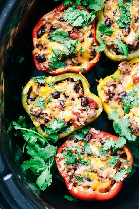 Slow Cooker Stuffed Bell Peppers Are Stuffed With Ground Beef Rice