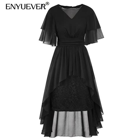 Enyuever Plus Size Women Formal Dress Lace Chiffon Summer V Neck Sleeve Vestido Casual Female