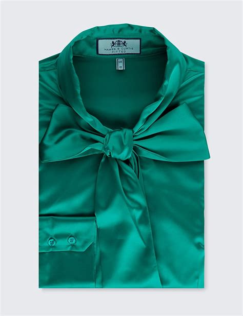 Hawes And Curtis Womens Emerald Green Fitted Satin Blouse Pussy Bow