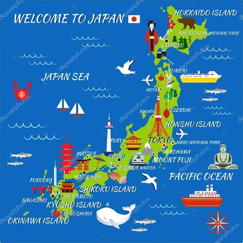 Download japan map stock vectors. Japan cartoon travel map, vector illustration, landmark ...