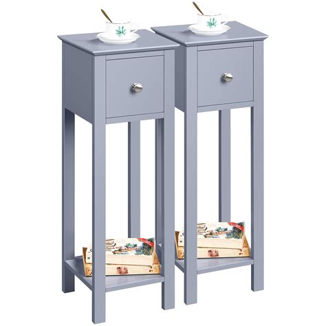 Buy Yaheetech Grey Slim Bedside Table Set Of 2 Nightstand With Drawer