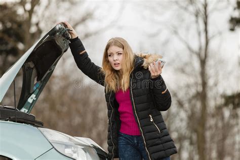 Broken Down Car Woman Calling To Somebody Stock Image Image Of Crisis Trouble 98249945