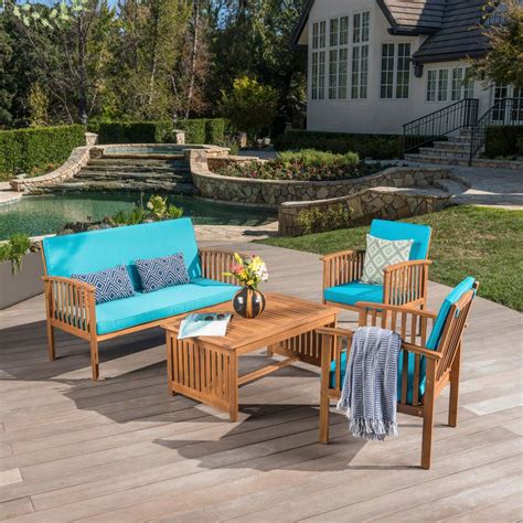 Noble House 4 Piece Wood Patio Conversation Set With Teal Cushions 302283 The Home Depot