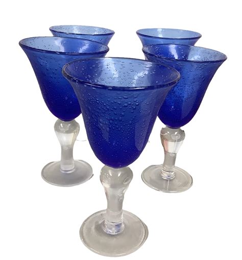 Lot Set Of 5 Cobalt Blue Bubble Glass With Clear Stem Water Goblets