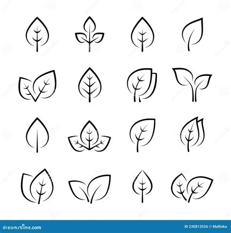 Hand Drawn Isolated Green Leaves Set Icons Stock Vector Illustration