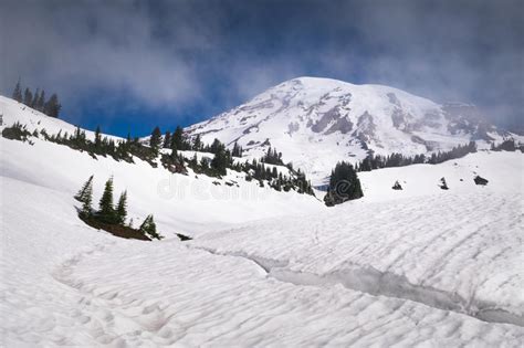 Mount Rainier With A Snow Covered Lake In The Foreground Stock Image