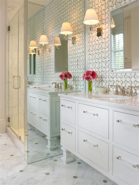 White Traditional Bathroom With Bold Patterned Wallpaper