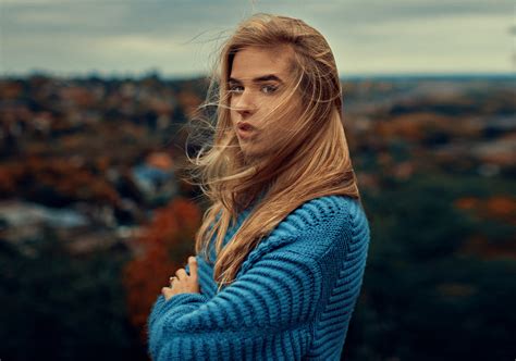 Wallpaper Portrait Model Women Outdoors Blue Sweater Windy Arms