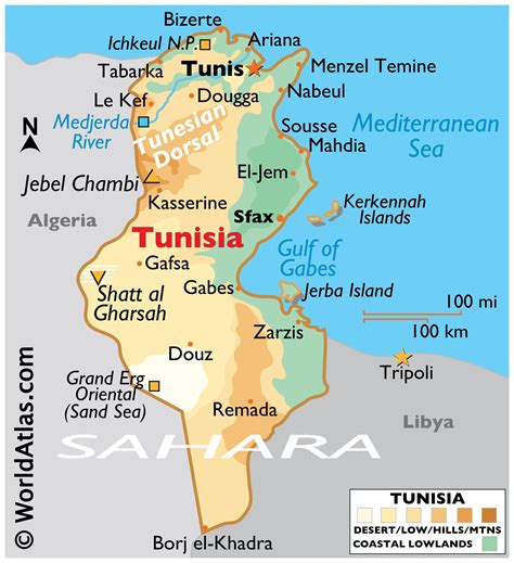 Тунис на карте мира на русском языке с городами подробно