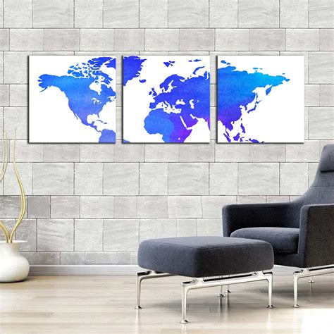 World Map Canvas Wall Art Detailed World Map 3 Piece Canvas Set Blue